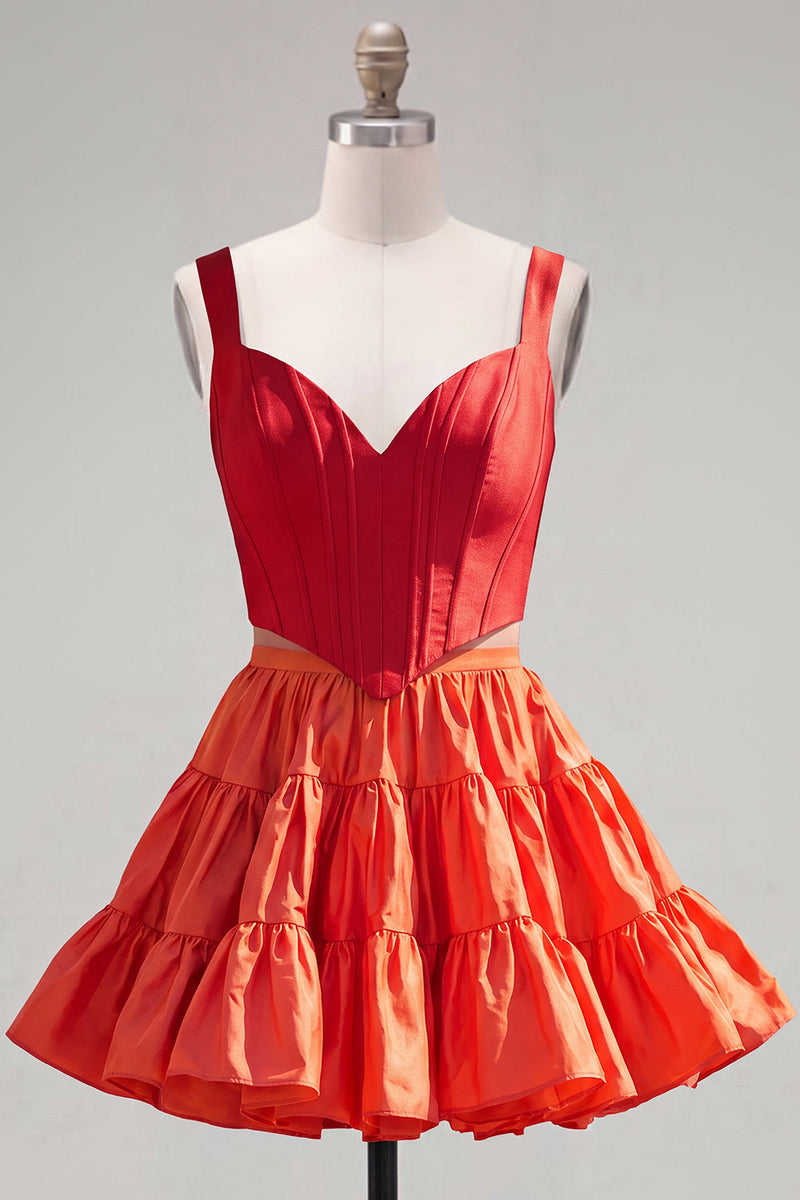 Laden Sie das Bild in den Galerie-Viewer, Rosa Fuchsia A-Linie Korsett 2-teilige dicke Träger Kurzes Homecoming-Kleid mit Rüschen