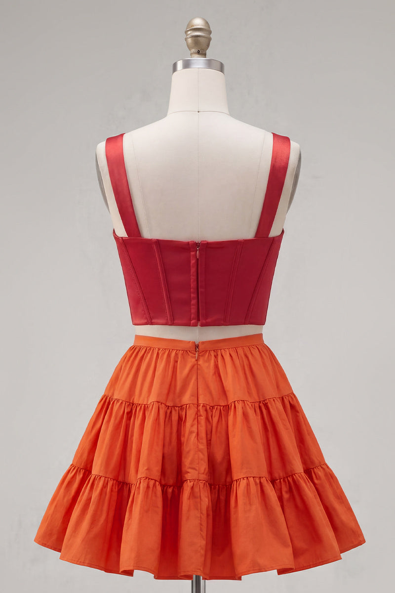 Laden Sie das Bild in den Galerie-Viewer, Rosa Fuchsia A-Linie Korsett 2-teilige dicke Träger Kurzes Homecoming-Kleid mit Rüschen
