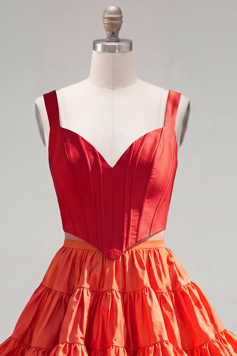 Laden Sie das Bild in den Galerie-Viewer, Rosa Fuchsia A-Linie Korsett 2-teilige dicke Träger Kurzes Homecoming-Kleid mit Rüschen