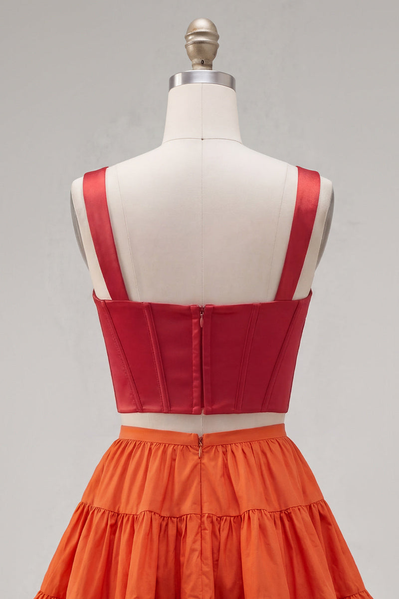 Laden Sie das Bild in den Galerie-Viewer, Rosa Fuchsia A-Linie Korsett 2-teilige dicke Träger Kurzes Homecoming-Kleid mit Rüschen