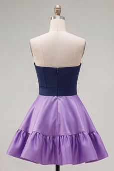 A-Linie Marineblaues Lila Satin Sweetheart Kurzes Abendkleid mit Rüschen und Schleife