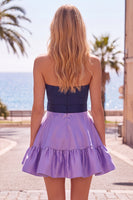 Laden Sie das Bild in den Galerie-Viewer, A-Line marineblaues lila Satin-Sweetheart-Homecoming-Kleid mit Rüschen und Schleife