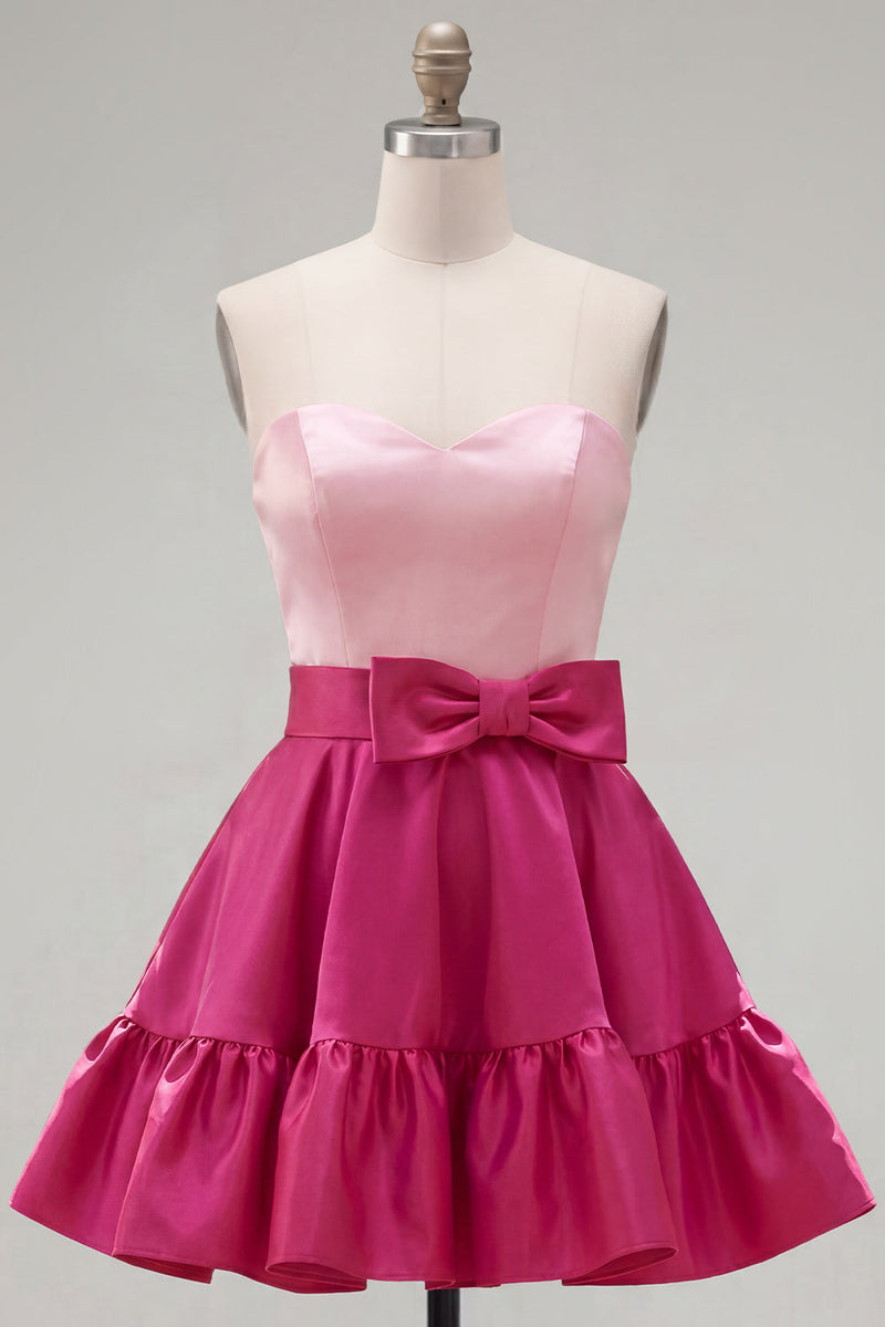 Laden Sie das Bild in den Galerie-Viewer, A-Line marineblaues lila Satin-Sweetheart-Homecoming-Kleid mit Rüschen und Schleife