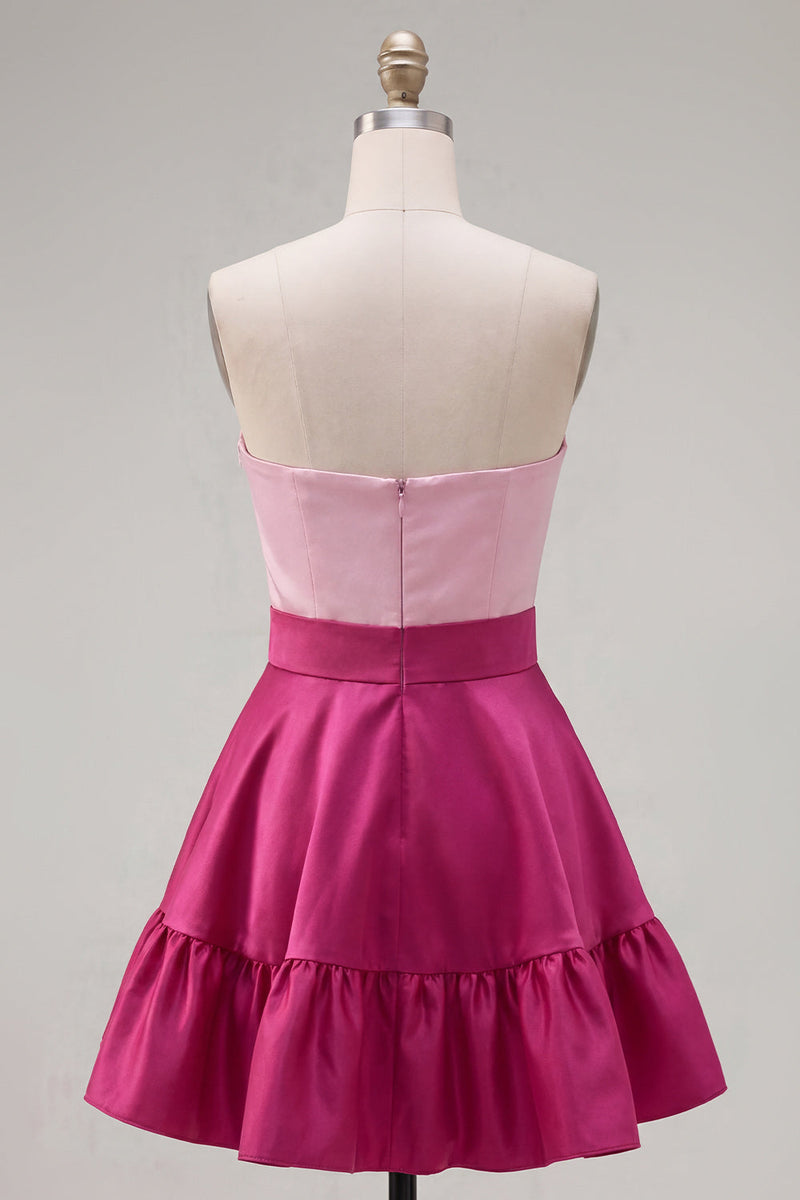 Laden Sie das Bild in den Galerie-Viewer, A-Line marineblaues lila Satin-Sweetheart-Homecoming-Kleid mit Rüschen und Schleife