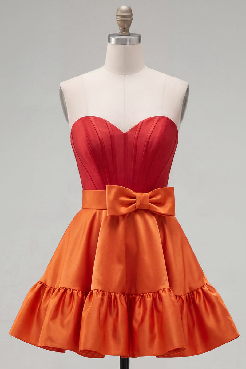 Laden Sie das Bild in den Galerie-Viewer, A-Line marineblaues lila Satin-Sweetheart-Homecoming-Kleid mit Rüschen und Schleife