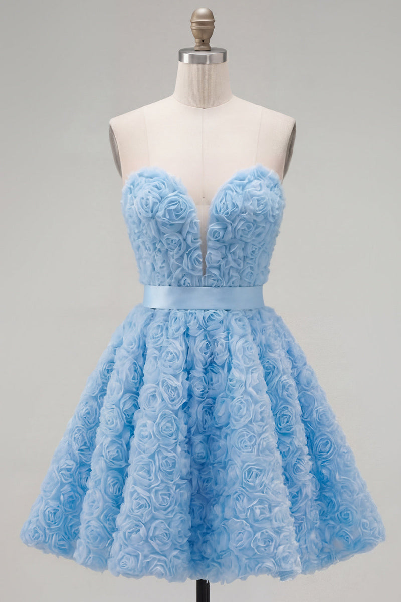 Laden Sie das Bild in den Galerie-Viewer, Sweetheart Pink A-Line 3D-Blumen-Kurz-Homecoming-Kleid mit Spitze auf dem Rücken