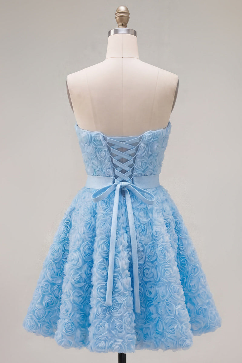 Laden Sie das Bild in den Galerie-Viewer, Sweetheart Pink A-Line 3D-Blumen-Kurz-Homecoming-Kleid mit Spitze auf dem Rücken