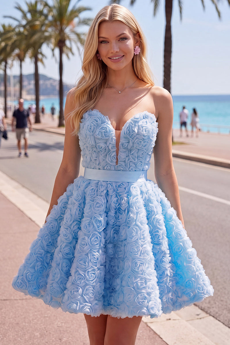 Laden Sie das Bild in den Galerie-Viewer, Sweetheart Pink A-Line 3D-Blumen-Kurz-Homecoming-Kleid mit Spitze auf dem Rücken
