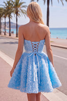 Laden Sie das Bild in den Galerie-Viewer, Sweetheart Pink A-Line 3D-Blumen-Kurz-Homecoming-Kleid mit Spitze auf dem Rücken