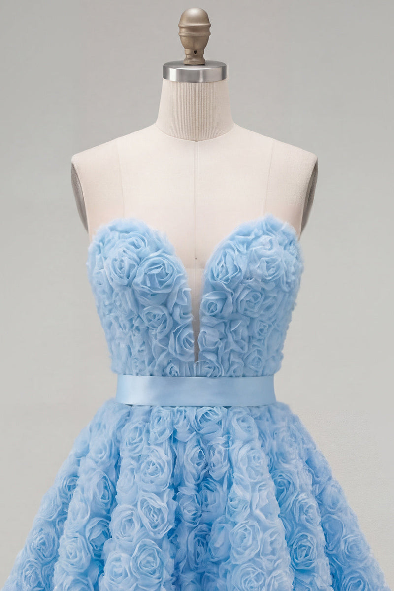 Laden Sie das Bild in den Galerie-Viewer, Sweetheart Pink A-Line 3D-Blumen-Kurz-Homecoming-Kleid mit Spitze auf dem Rücken