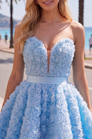 Laden Sie das Bild in den Galerie-Viewer, Sweetheart Pink A-Line 3D-Blumen-Kurz-Homecoming-Kleid mit Spitze auf dem Rücken