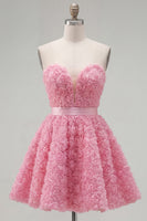 Laden Sie das Bild in den Galerie-Viewer, Sweetheart Pink A-Line 3D-Blumen-Kurz-Homecoming-Kleid mit Spitze auf dem Rücken
