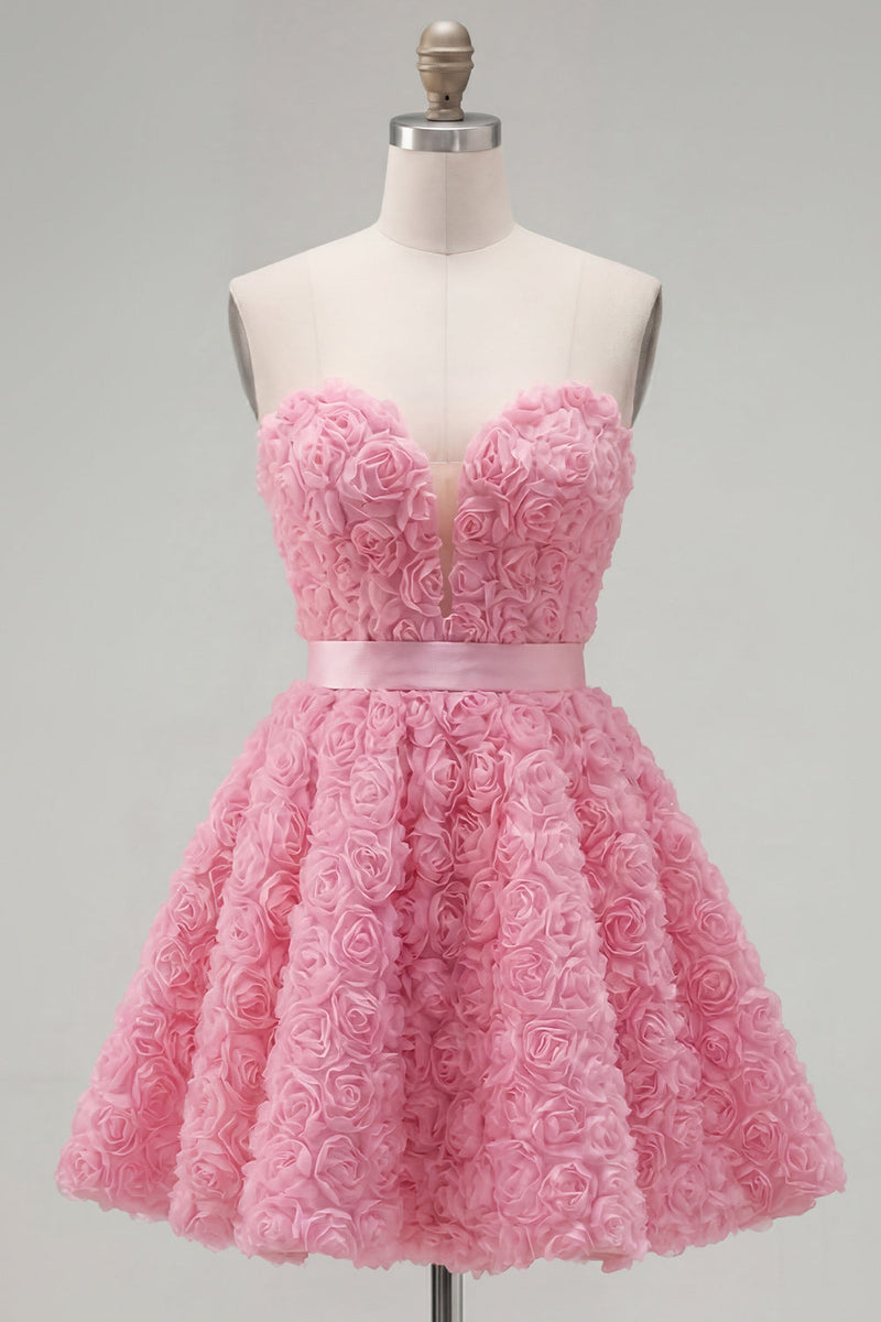Laden Sie das Bild in den Galerie-Viewer, Sweetheart Pink A-Line 3D-Blumen-Kurz-Homecoming-Kleid mit Spitze auf dem Rücken