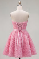 Laden Sie das Bild in den Galerie-Viewer, Sweetheart Pink A-Line 3D-Blumen-Kurz-Homecoming-Kleid mit Spitze auf dem Rücken