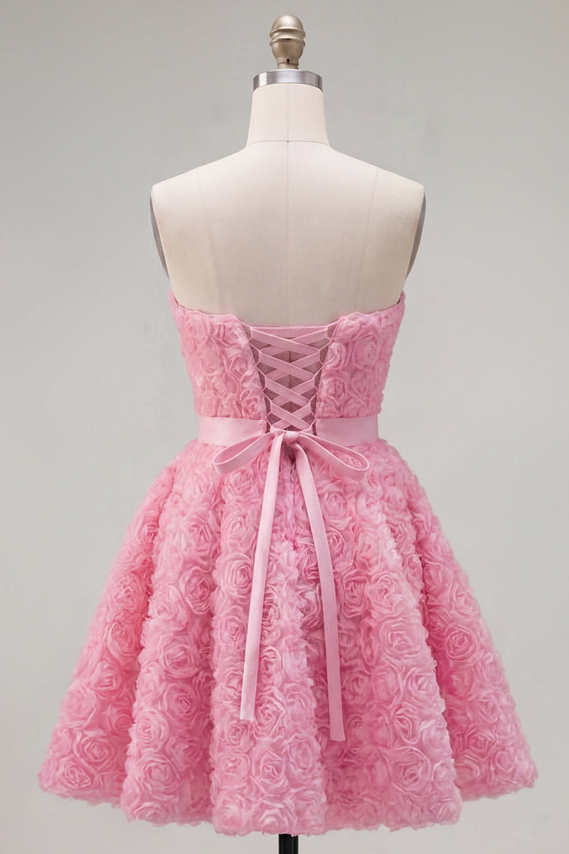 Laden Sie das Bild in den Galerie-Viewer, Sweetheart Pink A-Line 3D-Blumen-Kurz-Homecoming-Kleid mit Spitze auf dem Rücken
