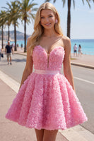 Laden Sie das Bild in den Galerie-Viewer, Sweetheart Pink A-Line 3D-Blumen-Kurz-Homecoming-Kleid mit Spitze auf dem Rücken
