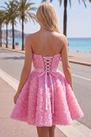 Laden Sie das Bild in den Galerie-Viewer, Sweetheart Pink A-Line 3D-Blumen-Kurz-Homecoming-Kleid mit Spitze auf dem Rücken
