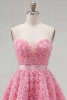 Laden Sie das Bild in den Galerie-Viewer, Sweetheart Pink A-Line 3D-Blumen-Kurz-Homecoming-Kleid mit Spitze auf dem Rücken