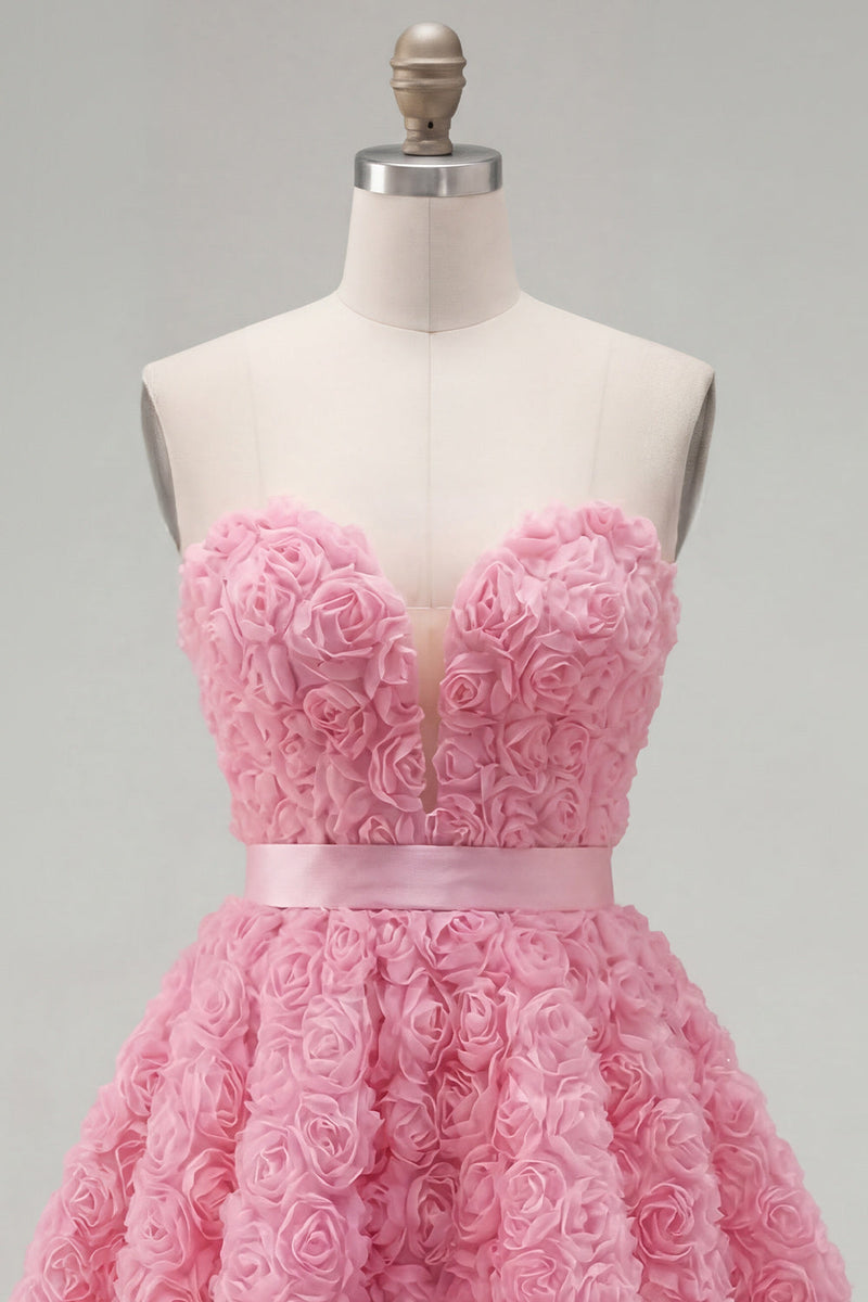 Laden Sie das Bild in den Galerie-Viewer, Sweetheart Pink A-Line 3D-Blumen-Kurz-Homecoming-Kleid mit Spitze auf dem Rücken