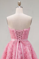 Laden Sie das Bild in den Galerie-Viewer, Sweetheart Pink A-Line 3D-Blumen-Kurz-Homecoming-Kleid mit Spitze auf dem Rücken