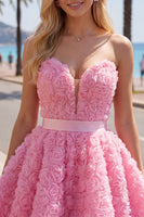 Laden Sie das Bild in den Galerie-Viewer, Sweetheart Pink A-Line 3D-Blumen-Kurz-Homecoming-Kleid mit Spitze auf dem Rücken