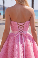 Laden Sie das Bild in den Galerie-Viewer, Sweetheart Pink A-Line 3D-Blumen-Kurz-Homecoming-Kleid mit Spitze auf dem Rücken
