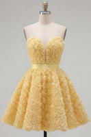 Laden Sie das Bild in den Galerie-Viewer, Sweetheart Pink A-Line 3D-Blumen-Kurz-Homecoming-Kleid mit Spitze auf dem Rücken