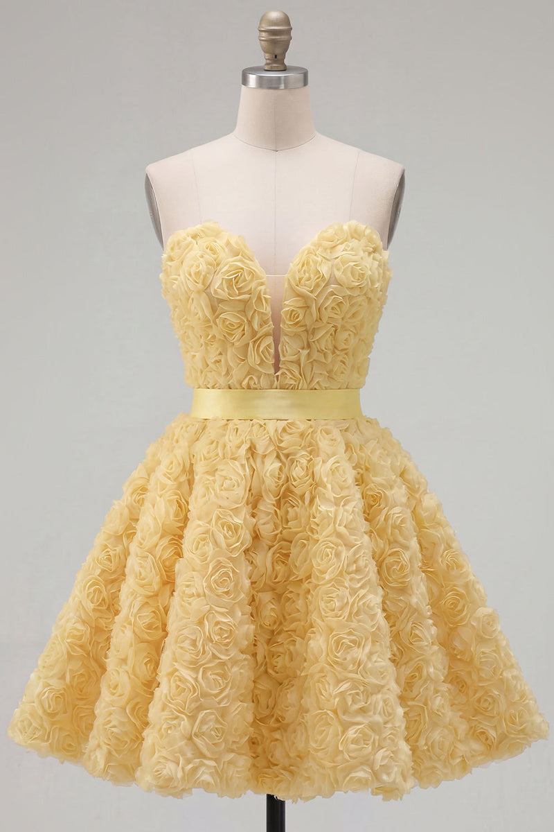 Laden Sie das Bild in den Galerie-Viewer, Sweetheart Pink A-Line 3D-Blumen-Kurz-Homecoming-Kleid mit Spitze auf dem Rücken