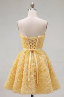 Laden Sie das Bild in den Galerie-Viewer, Sweetheart Pink A-Line 3D-Blumen-Kurz-Homecoming-Kleid mit Spitze auf dem Rücken