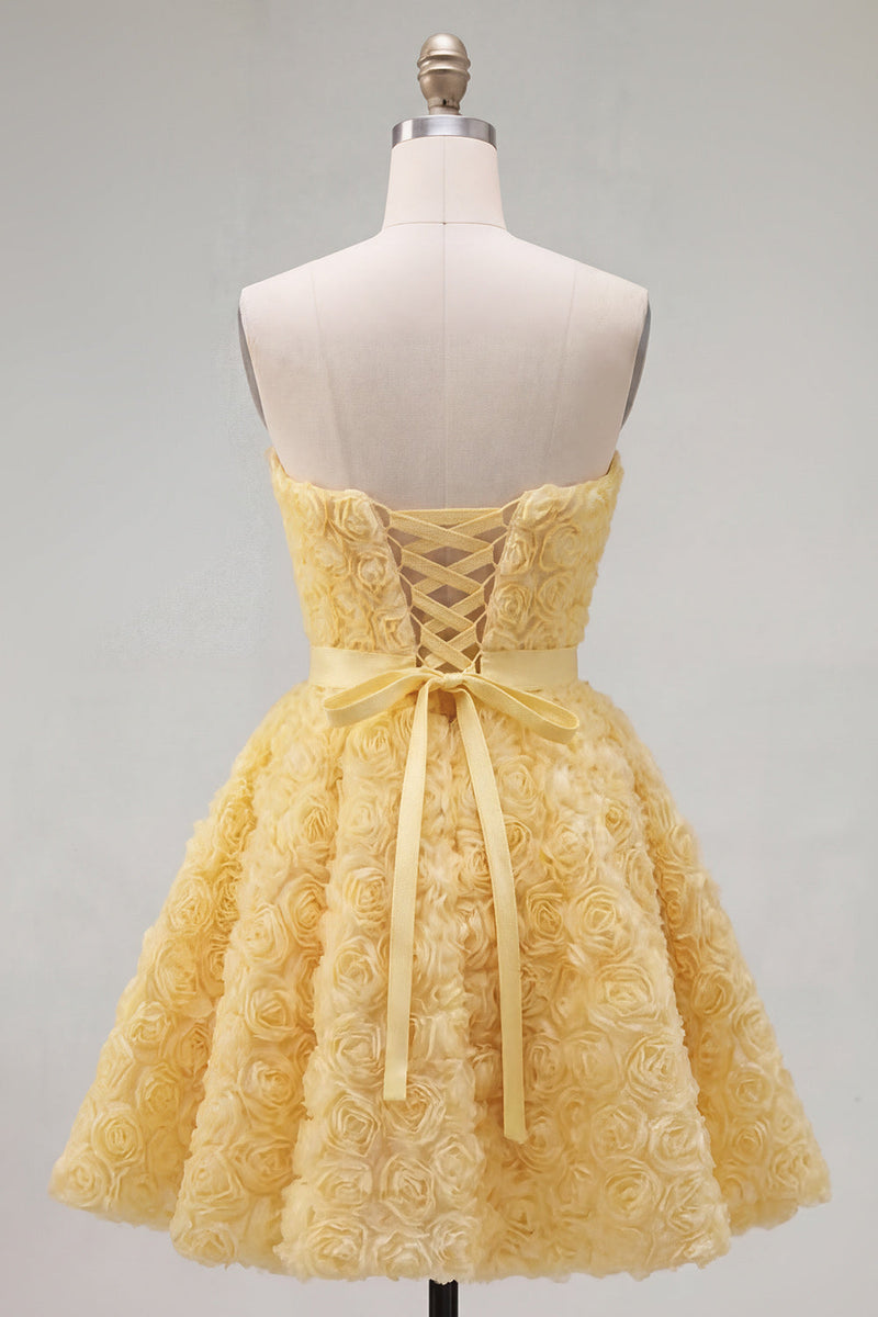 Laden Sie das Bild in den Galerie-Viewer, Sweetheart Pink A-Line 3D-Blumen-Kurz-Homecoming-Kleid mit Spitze auf dem Rücken