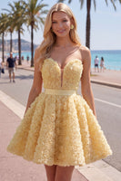 Laden Sie das Bild in den Galerie-Viewer, Sweetheart Pink A-Line 3D-Blumen-Kurz-Homecoming-Kleid mit Spitze auf dem Rücken