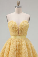 Laden Sie das Bild in den Galerie-Viewer, Sweetheart Pink A-Line 3D-Blumen-Kurz-Homecoming-Kleid mit Spitze auf dem Rücken