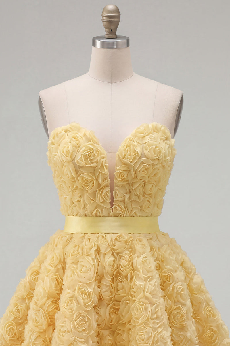 Laden Sie das Bild in den Galerie-Viewer, Sweetheart Pink A-Line 3D-Blumen-Kurz-Homecoming-Kleid mit Spitze auf dem Rücken