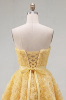 Laden Sie das Bild in den Galerie-Viewer, Sweetheart Pink A-Line 3D-Blumen-Kurz-Homecoming-Kleid mit Spitze auf dem Rücken
