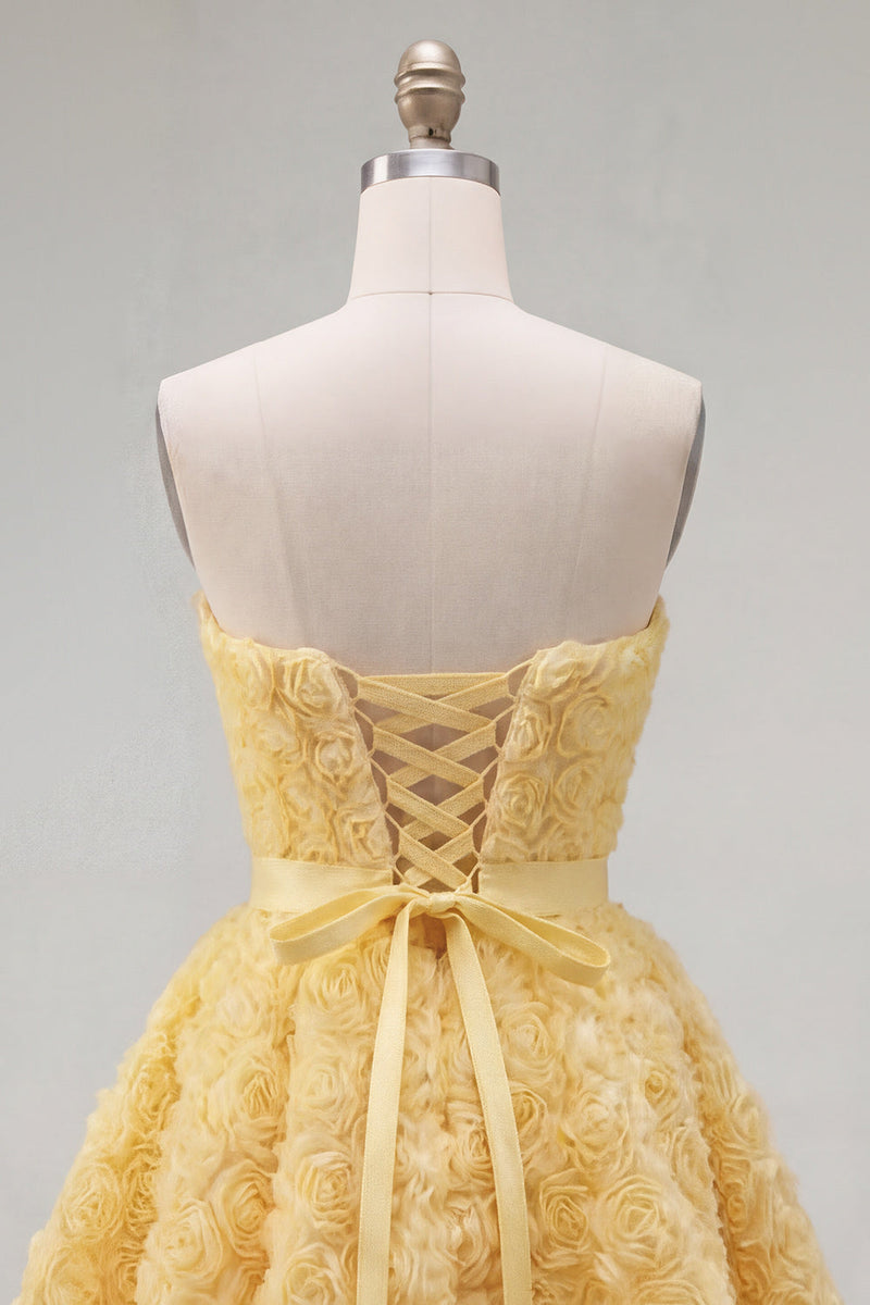 Laden Sie das Bild in den Galerie-Viewer, Sweetheart Pink A-Line 3D-Blumen-Kurz-Homecoming-Kleid mit Spitze auf dem Rücken