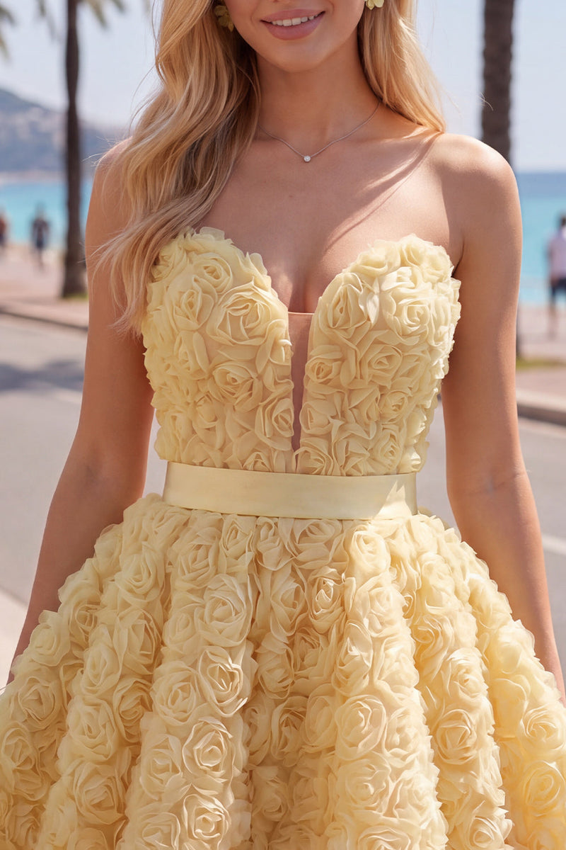 Laden Sie das Bild in den Galerie-Viewer, Sweetheart Pink A-Line 3D-Blumen-Kurz-Homecoming-Kleid mit Spitze auf dem Rücken