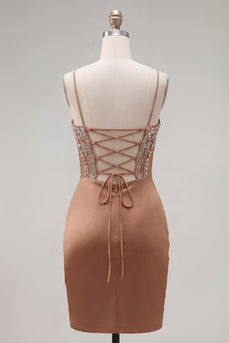 Khaki Bodycon Gerafftes Spaghetti-Träger Schnürt Rücken Kurzes Abendkleid mit Strass