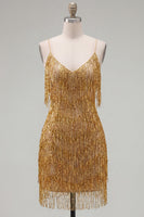 Laden Sie das Bild in den Galerie-Viewer, Golden Bodycon Spaghettiträger – kurzes Homecoming-Kleid mit Fransen