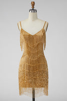 Laden Sie das Bild in den Galerie-Viewer, Golden Bodycon Spaghettiträger Kurzes Abendkleid mit Fransen