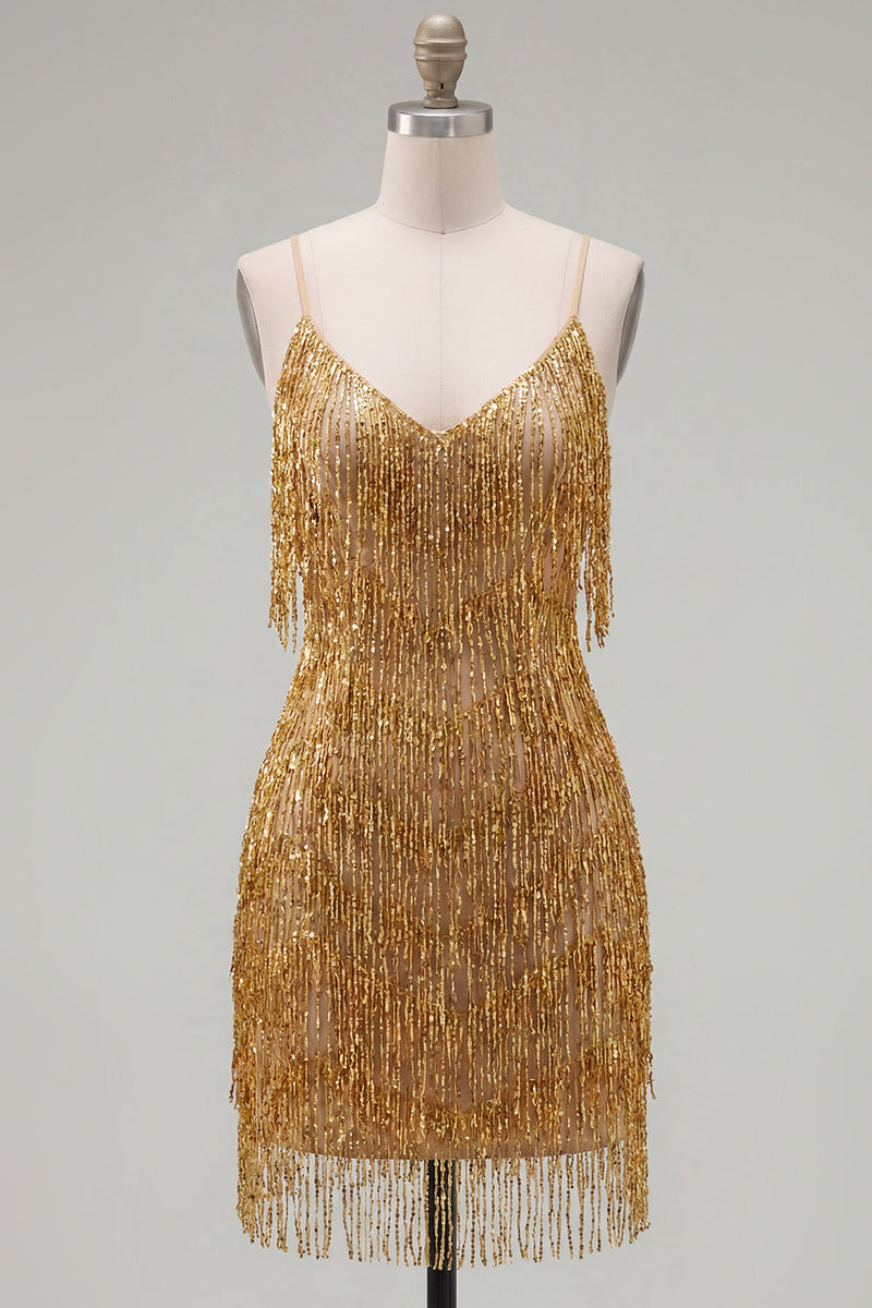 Laden Sie das Bild in den Galerie-Viewer, Golden Bodycon Spaghettiträger – kurzes Homecoming-Kleid mit Fransen