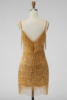 Laden Sie das Bild in den Galerie-Viewer, Golden Bodycon Spaghettiträger Kurzes Abendkleid mit Fransen