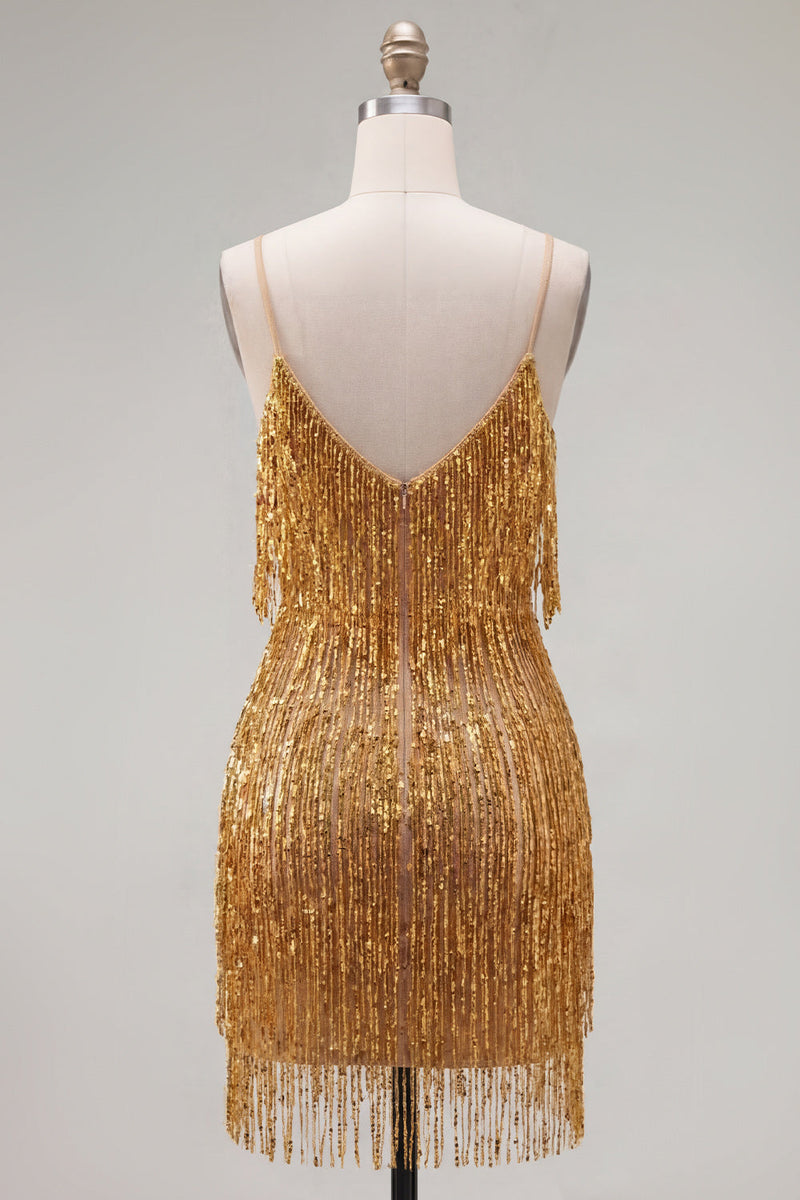 Laden Sie das Bild in den Galerie-Viewer, Golden Bodycon Spaghettiträger – kurzes Homecoming-Kleid mit Fransen