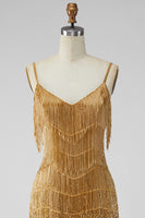 Laden Sie das Bild in den Galerie-Viewer, Golden Bodycon Spaghettiträger Kurzes Abendkleid mit Fransen
