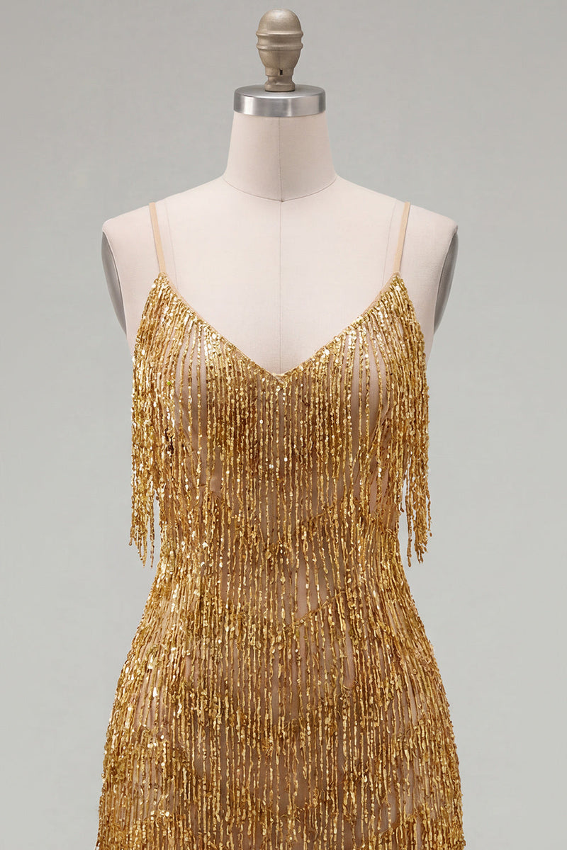 Laden Sie das Bild in den Galerie-Viewer, Golden Bodycon Spaghettiträger – kurzes Homecoming-Kleid mit Fransen