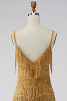Laden Sie das Bild in den Galerie-Viewer, Golden Bodycon Spaghettiträger Kurzes Abendkleid mit Fransen
