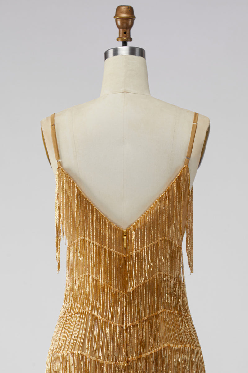 Laden Sie das Bild in den Galerie-Viewer, Golden Bodycon Spaghettiträger Kurzes Abendkleid mit Fransen