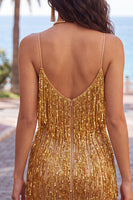 Laden Sie das Bild in den Galerie-Viewer, Golden Bodycon Spaghettiträger – kurzes Homecoming-Kleid mit Fransen