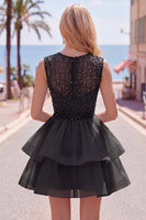 Laden Sie das Bild in den Galerie-Viewer, Gelbes A-Linie Rundhals Stufen Kurzes Abendkleid mit Perlen
