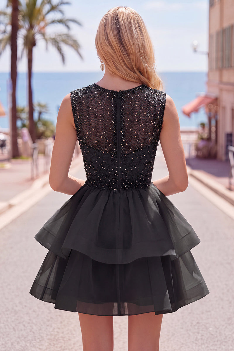 Laden Sie das Bild in den Galerie-Viewer, Gelbes A-Linie Rundhals Stufen Kurzes Abendkleid mit Perlen