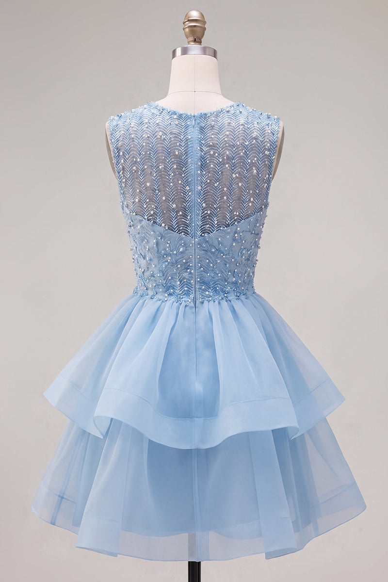 Laden Sie das Bild in den Galerie-Viewer, Gelbes A-Linie Rundhals Stufen Kurzes Abendkleid mit Perlen